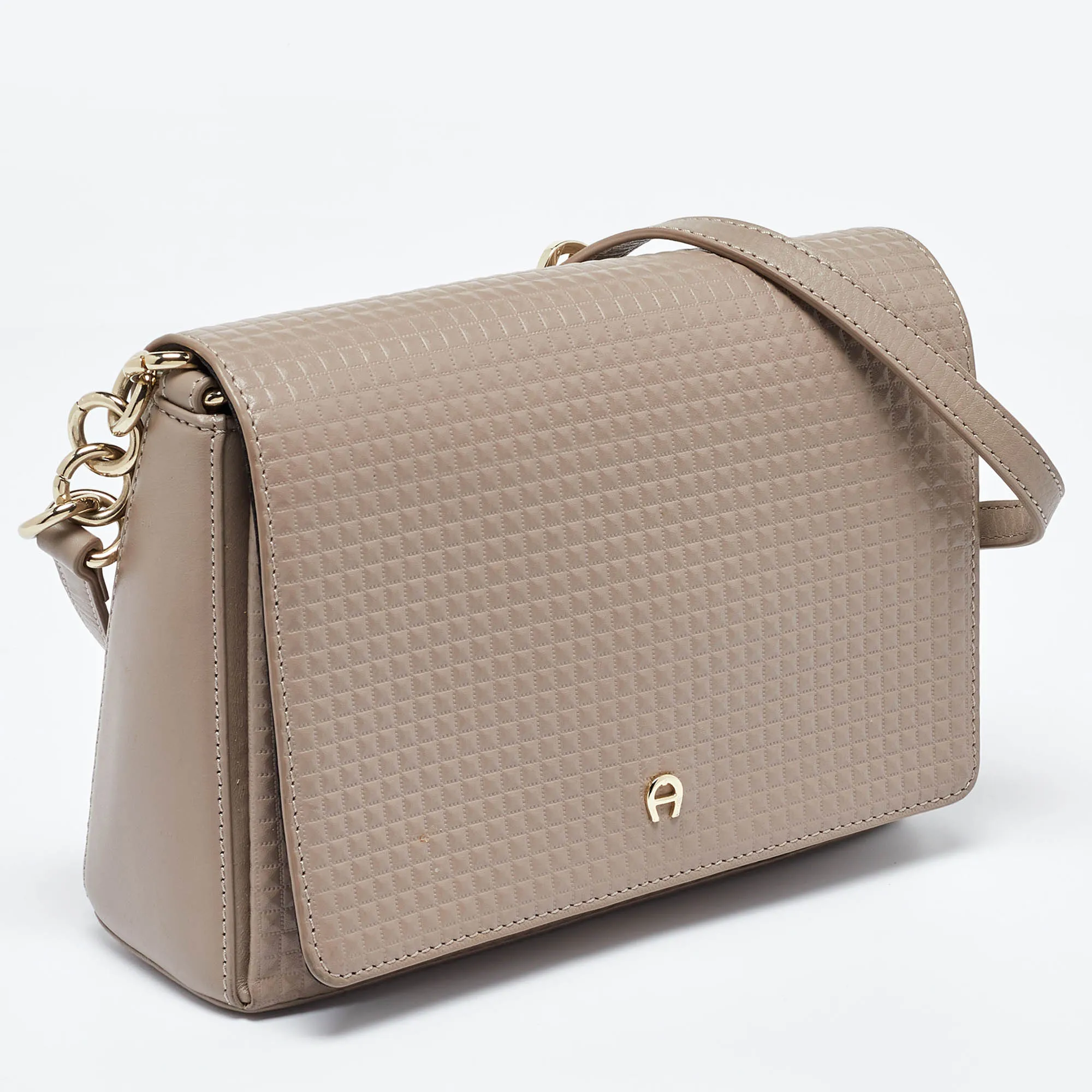 AIGNER Beige Embossed Leather Flap Chain Crossbody Bag