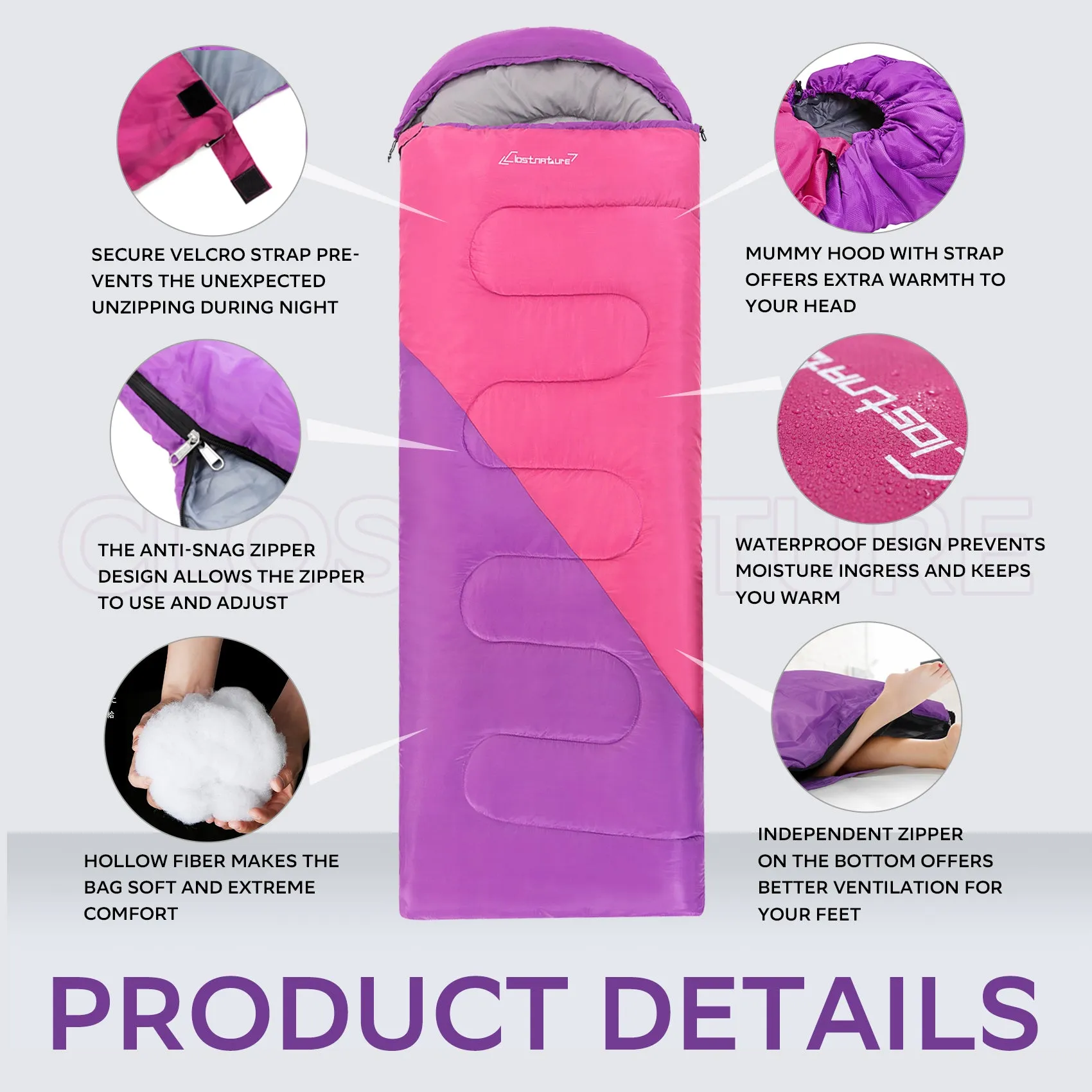 Clostnature Sleeping Bag for Adults and Kids - Compact Lightweight Sleeping Bag