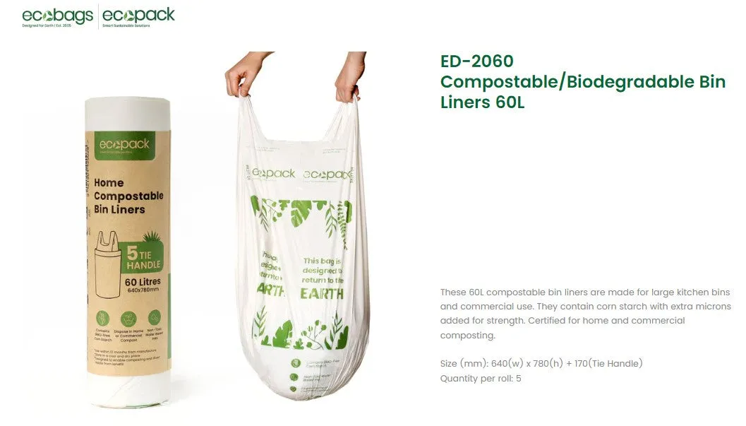 Compostable Bin Liner, 640x950mm, 5 bags x 60Lit, Natural