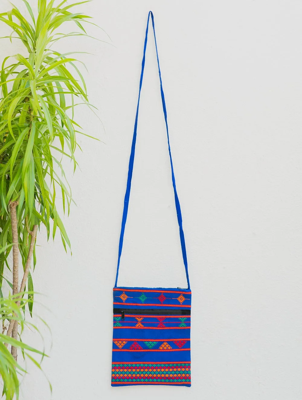 Handwoven Kashida Pattu Small Cross Body Sling Bag - Blue Geometrics