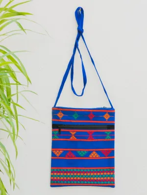 Handwoven Kashida Pattu Small Cross Body Sling Bag - Blue Geometrics