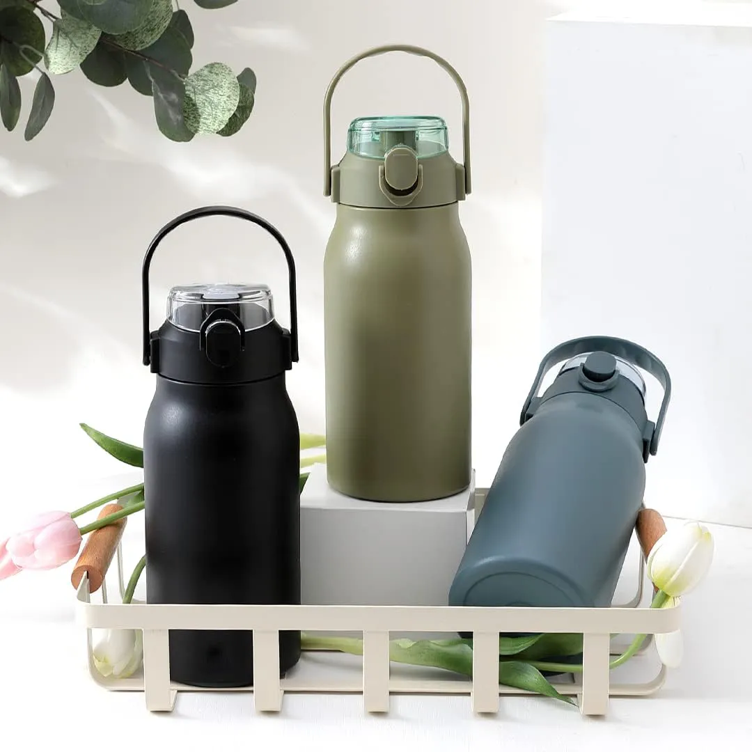 Homestic Water Bottle | Vacuum Insulated Travel Bottle | Hot & Cold Water Bottle | Sipper Lid & Handle Water Bottle | 1000 ML | HH-22111D | Green