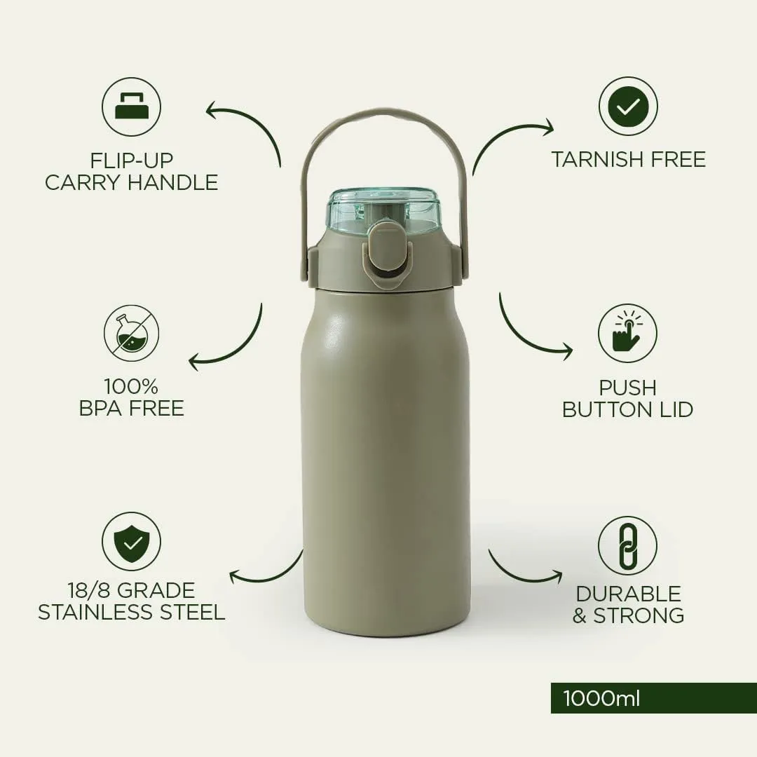 Homestic Water Bottle | Vacuum Insulated Travel Bottle | Hot & Cold Water Bottle | Sipper Lid & Handle Water Bottle | 1000 ML | HH-22111D | Green