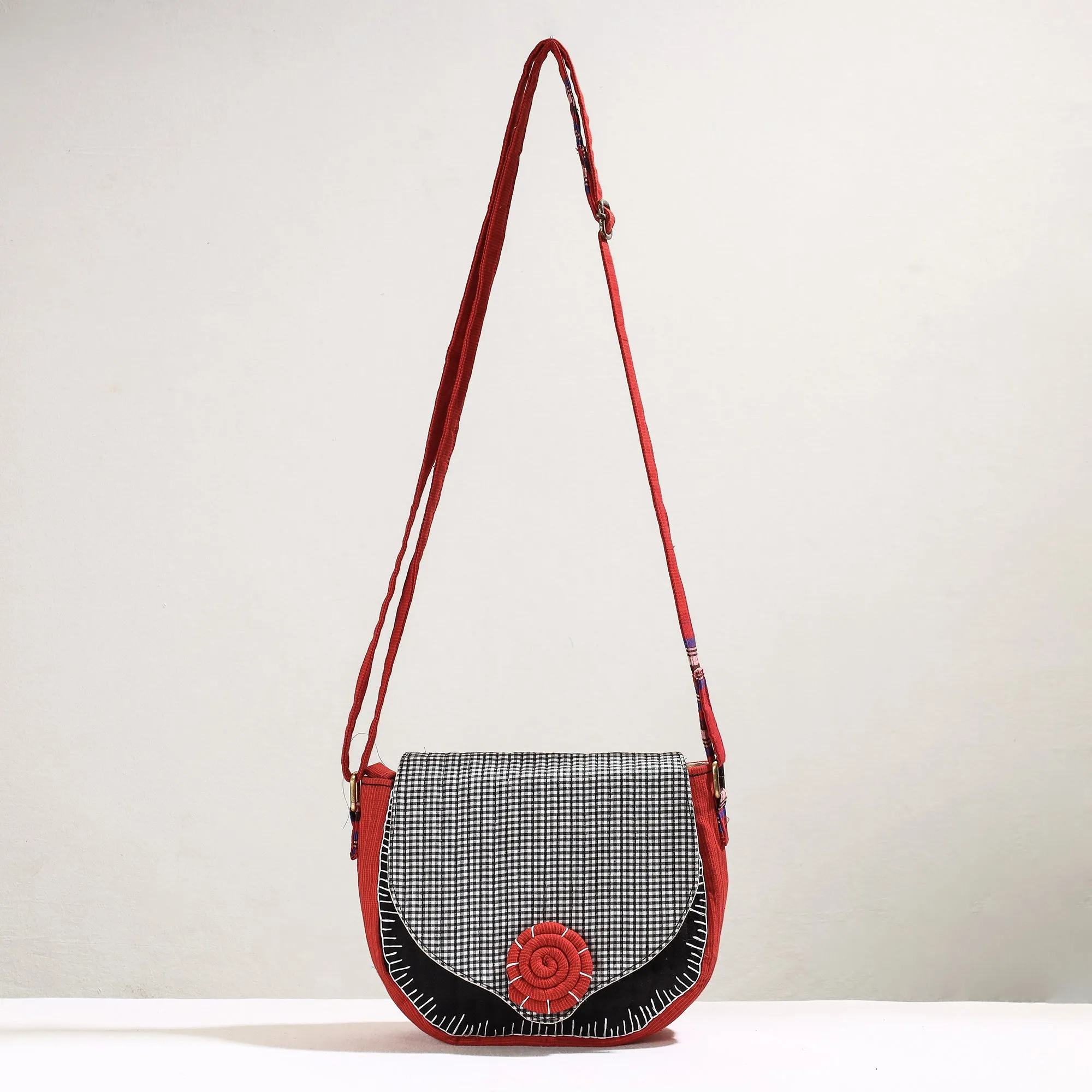 Orange - Handmade Gamcha Fabric Embroiderd Canvas Cotton Sling Bag