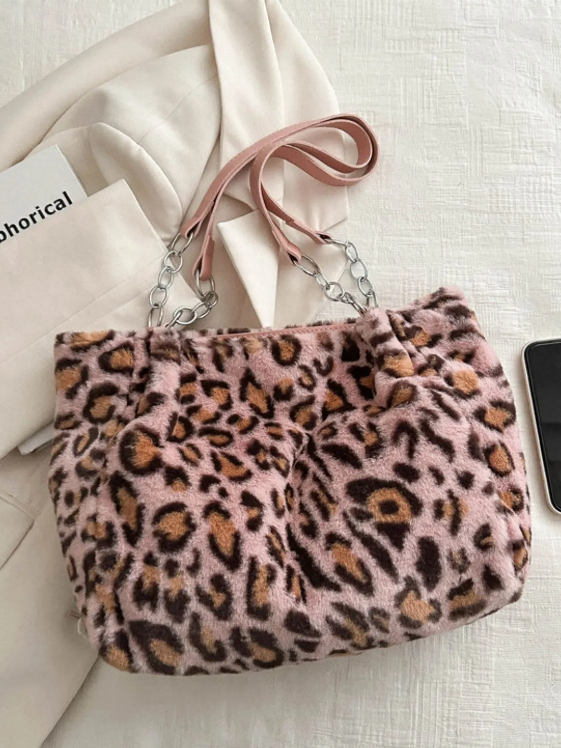 Plush Faux Fur Leopard Shoulder Bag