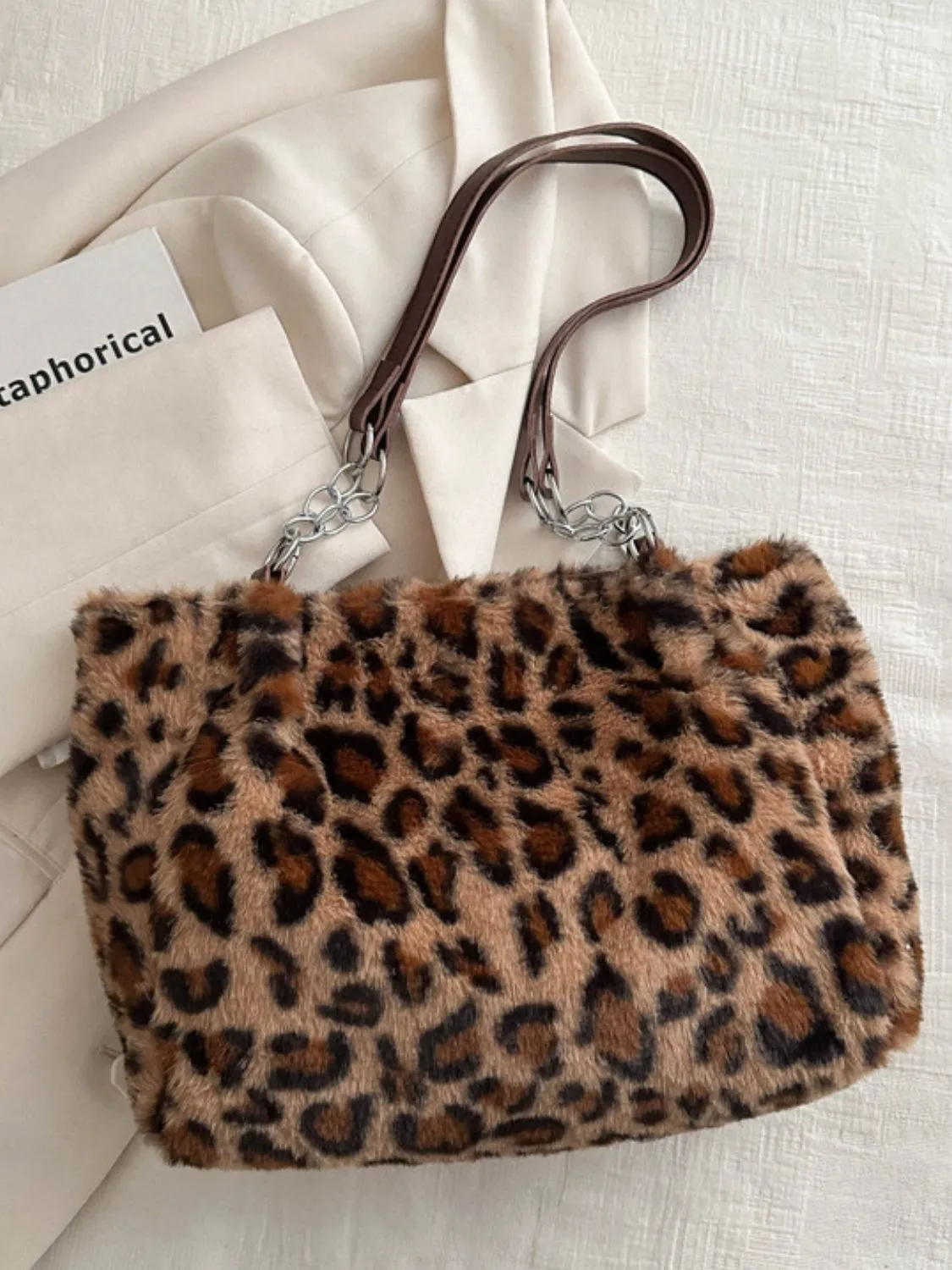 Plush Faux Fur Leopard Shoulder Bag