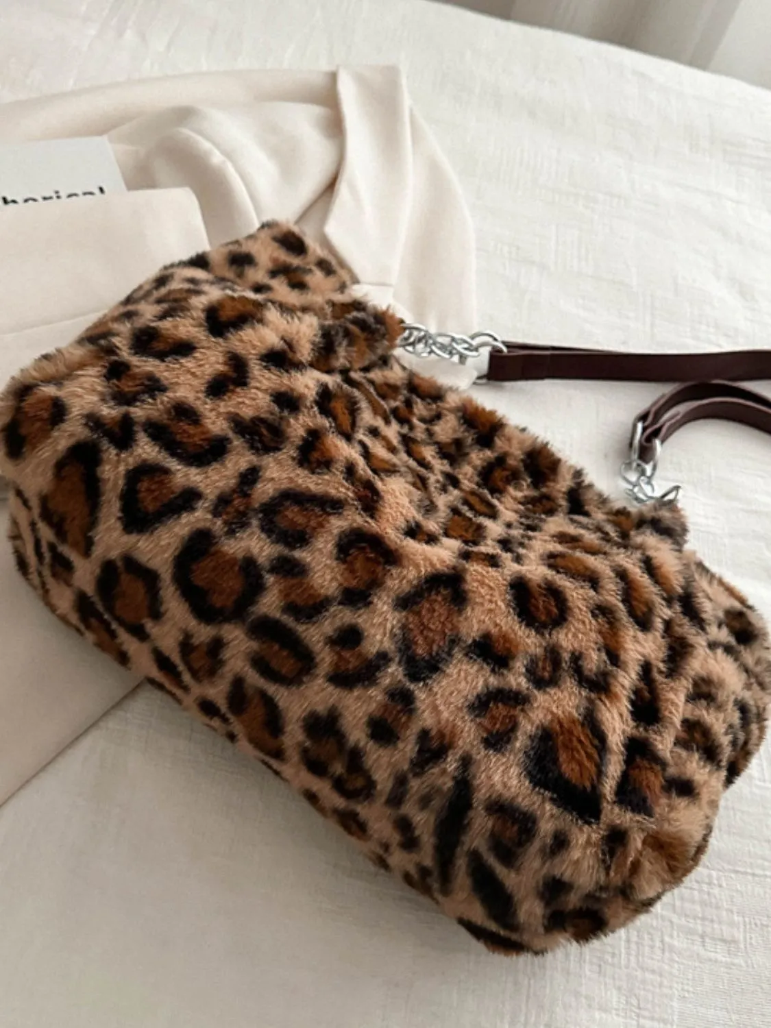 Plush Faux Fur Leopard Shoulder Bag