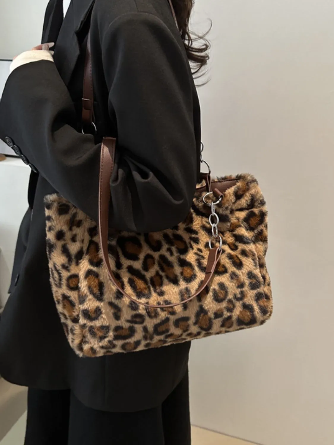 Plush Faux Fur Leopard Shoulder Bag