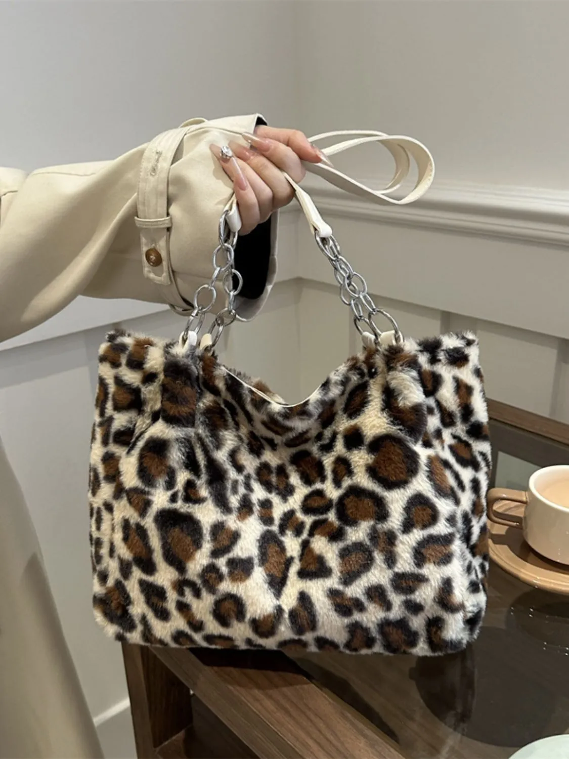 Plush Faux Fur Leopard Shoulder Bag