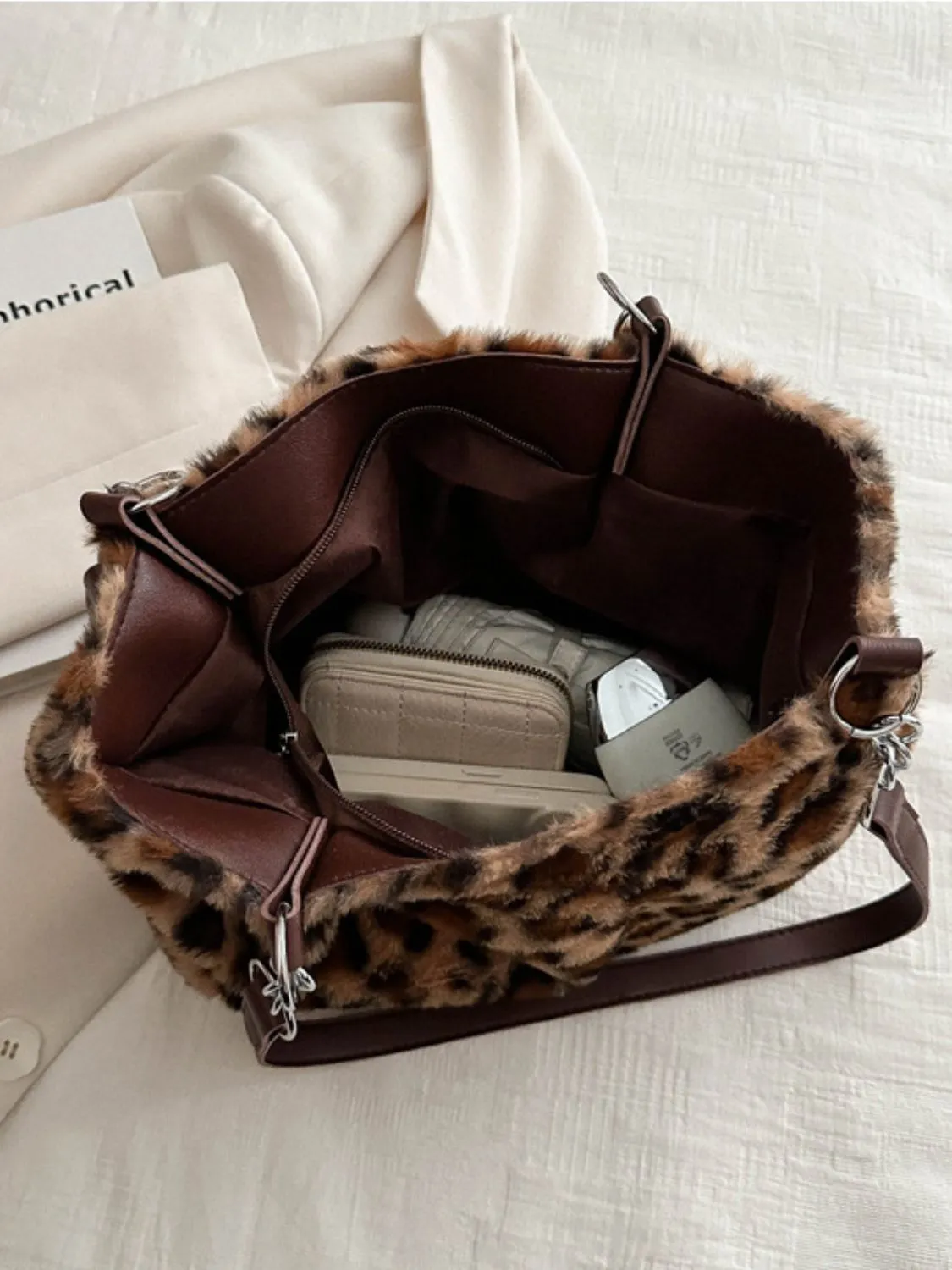 Plush Faux Fur Leopard Shoulder Bag