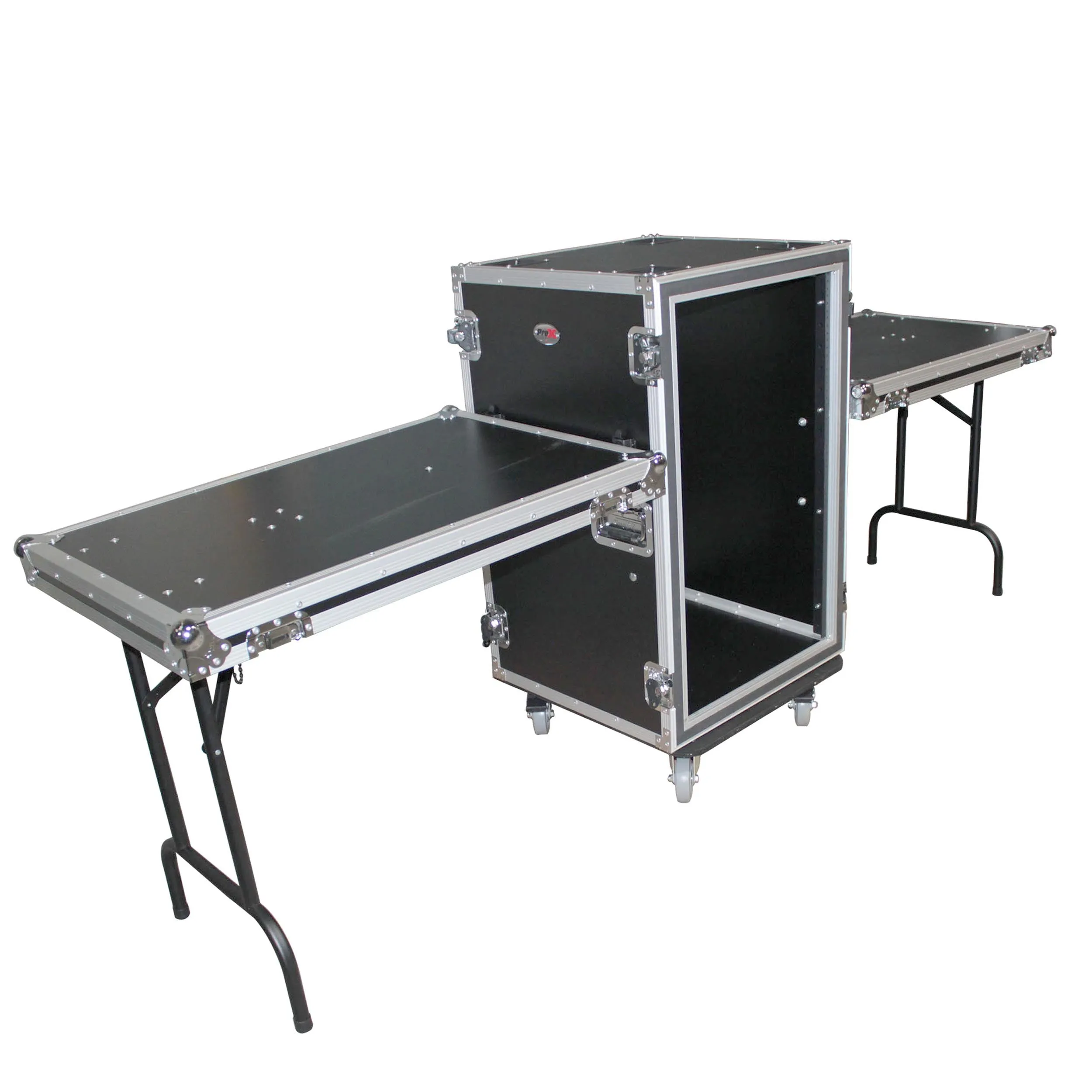 ProX T-14RSP24WDST 14U Vertical Shockproof Amp/Rack Case W/Dual Side Tables & 4 Casters (24" Rail to Rail)