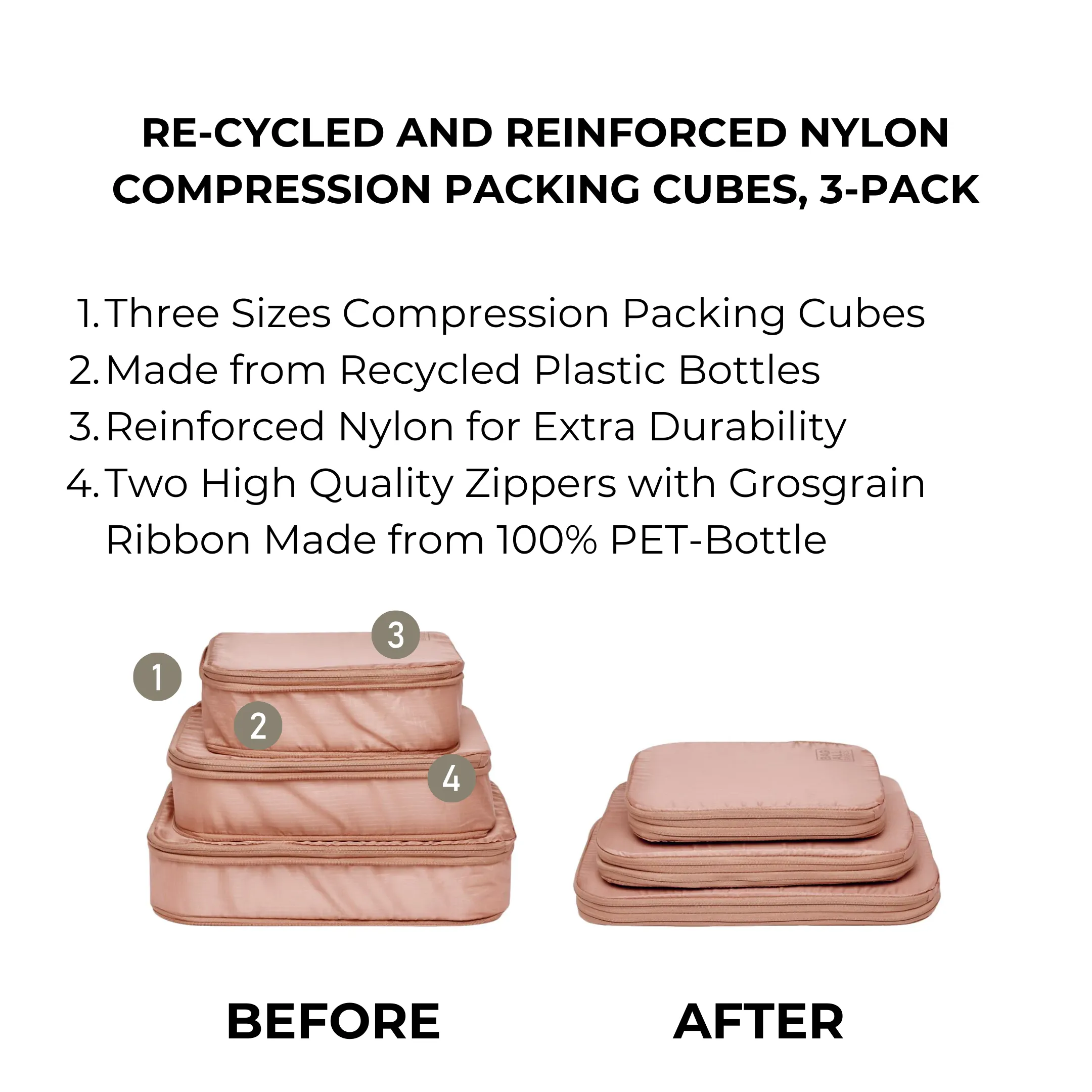 Re-cycled and Reinforced Nylon Compression Packing Cubes, 3-pack Pink/Blush