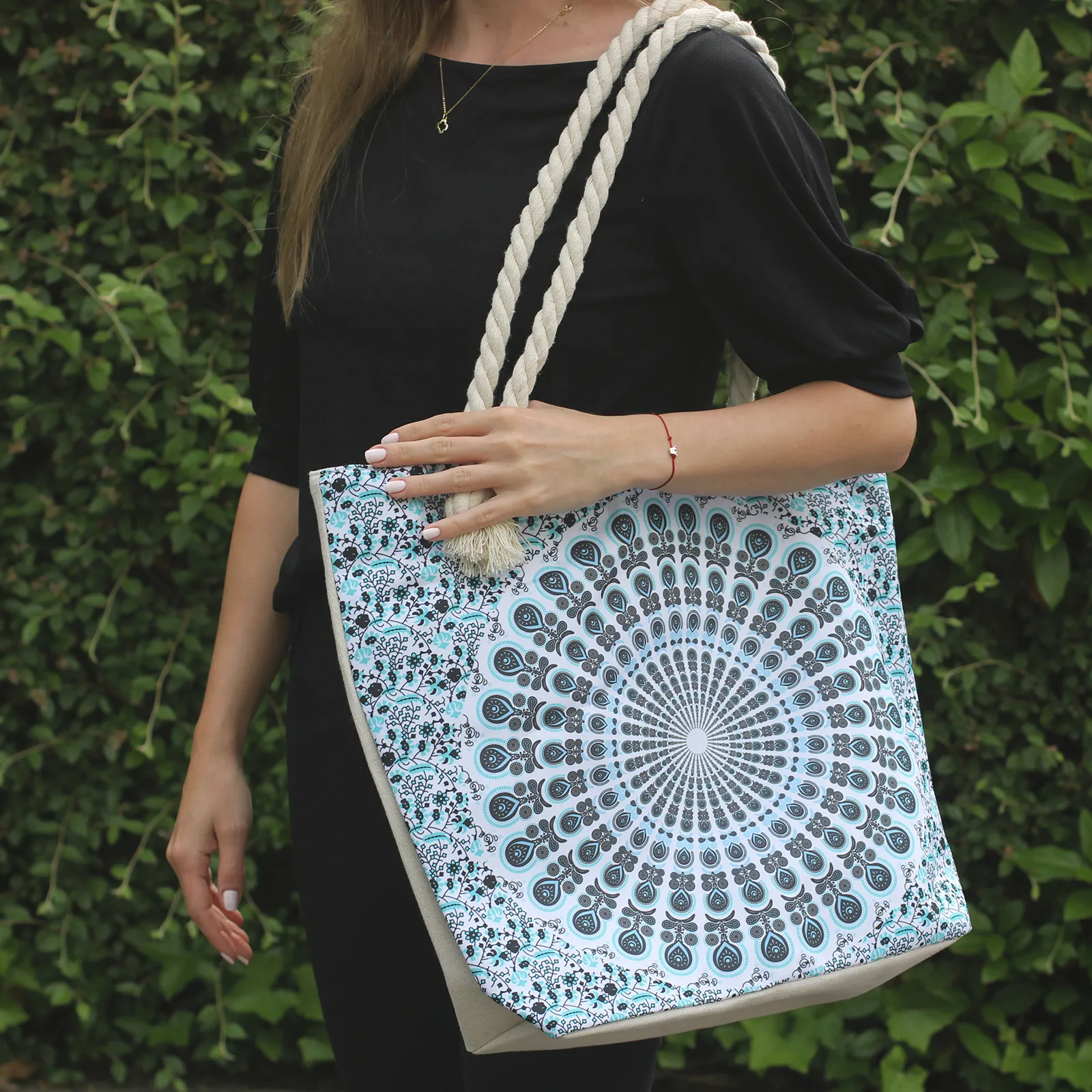 Stylish Rope Handle Mandela Bag in Deep Blue - Perfect for Shopping or Beach Days