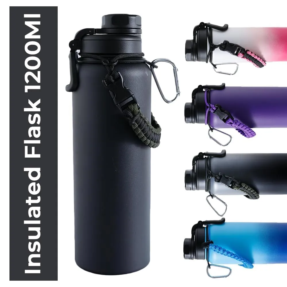 The Better Home Pack of 2 Stainless Steel Insulated Water Bottles | 1200 ml Each | Thermos Flask Attachable to Bags & Gears | 6/12 hrs hot & Cold | Water Bottle for School Office Travel | Black