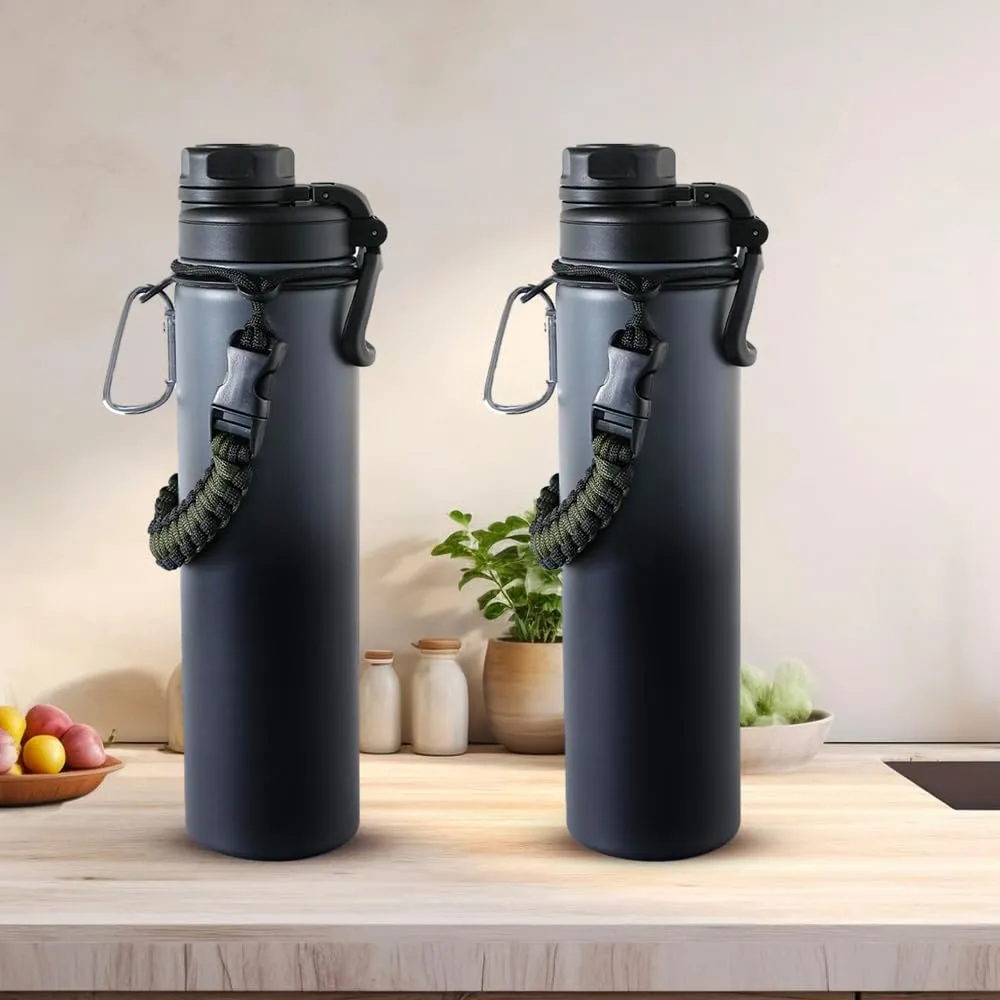 The Better Home Pack of 2 Stainless Steel Insulated Water Bottles | 960 ml Each | Thermos Flask Attachable to Bags & Gears | 6/12 hrs hot & Cold | Water Bottle for School Office Travel | Black-Grey