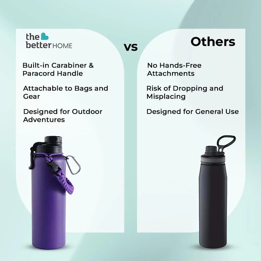 The Better Home Stainless Steel Insulated Water Bottles | 1200 ml Each | Thermos Flask Attachable to Bags & Gears | 6 hrs hot & 12 hrs Cold | Water Bottle for School Office Travel | Purple