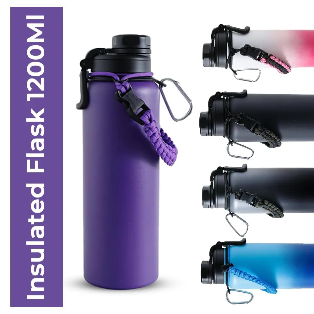 The Better Home Stainless Steel Insulated Water Bottles | 1200 ml Each | Thermos Flask Attachable to Bags & Gears | 6 hrs hot & 12 hrs Cold | Water Bottle for School Office Travel | Purple