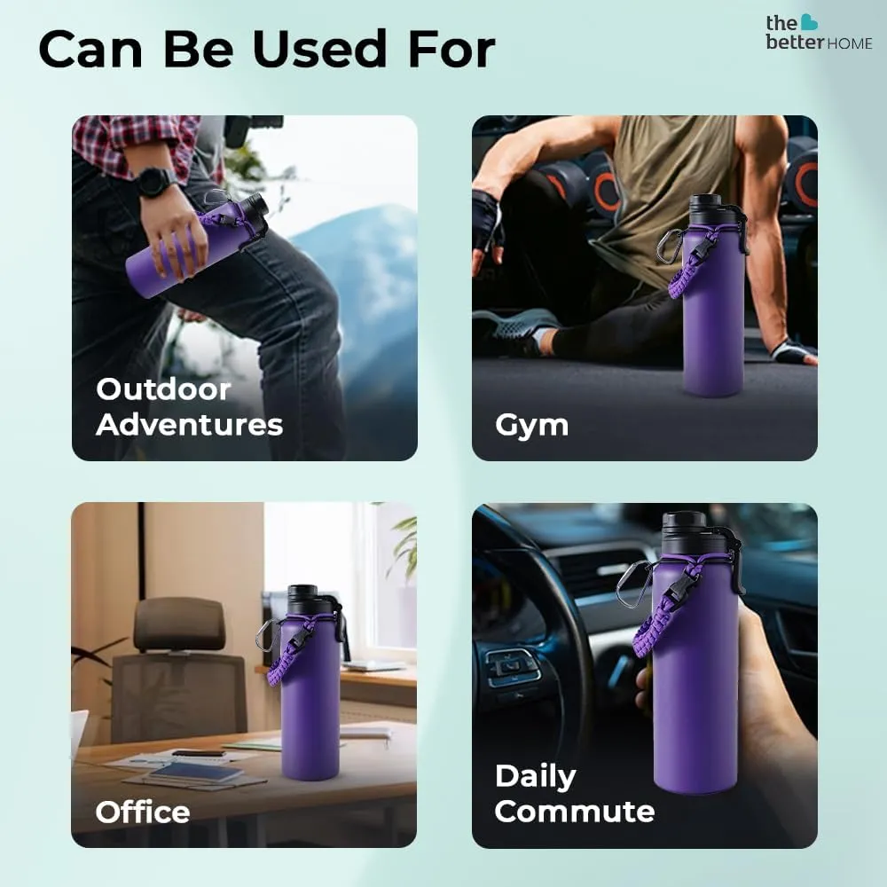 The Better Home Stainless Steel Insulated Water Bottles | 1200 ml Each | Thermos Flask Attachable to Bags & Gears | 6 hrs hot & 12 hrs Cold | Water Bottle for School Office Travel | Purple