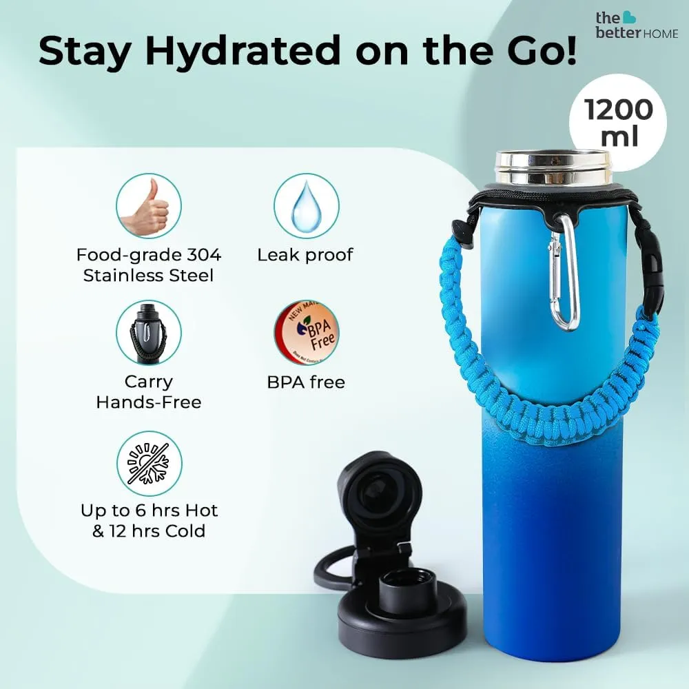 The Better Home Stainless Steel Insulated Water Bottles | 1200 ml Each | Thermos Flask Attachable to Bags & Gears | 6/12 hrs hot & Cold | Water Bottle for School Office Travel | Blue-Aqua